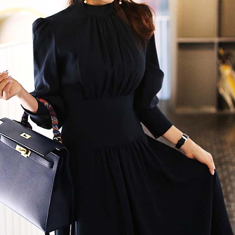 ワンピース レディース エレガント ネイビー 紺 Aライン 長袖 ロング ロングワンピース ミモレ丈 パーティー モックネック シンプル Dazzle ダズル