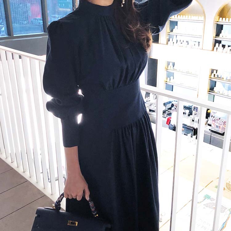 ワンピース レディース エレガント ネイビー 紺 Aライン 長袖 ロング ロングワンピース ミモレ丈 パーティー モックネック シンプル Dazzle ダズル