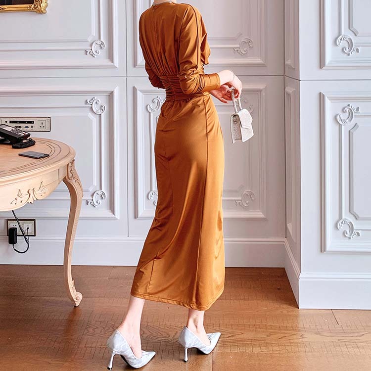 ワンピース レディース セクシー 長袖 スリット ロング ロングワンピース ミモレ丈 ドルマン袖 Vネック カシュクール Dazzle ダズル