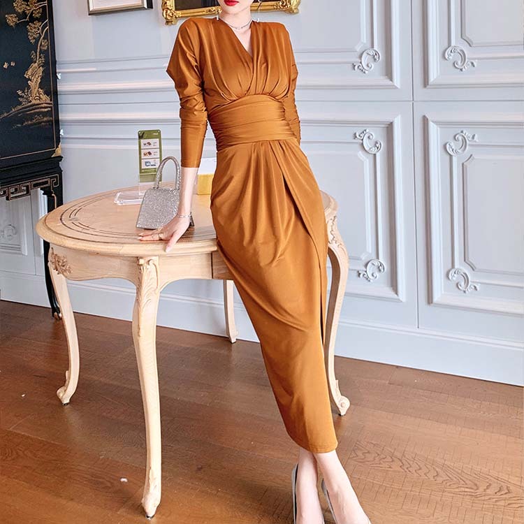 ワンピース レディース セクシー 長袖 スリット ロング ロングワンピース ミモレ丈 ドルマン袖 Vネック カシュクール Dazzle ダズル