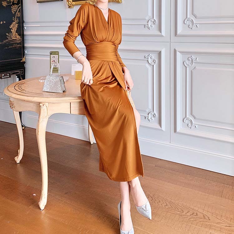 ワンピース レディース セクシー 長袖 スリット ロング ロングワンピース ミモレ丈 ドルマン袖 Vネック カシュクール Dazzle ダズル