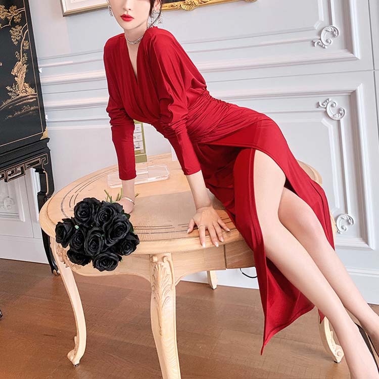 ワンピース レディース セクシー 長袖 スリット ロング ロングワンピース ミモレ丈 ドルマン袖 Vネック カシュクール Dazzle ダズル