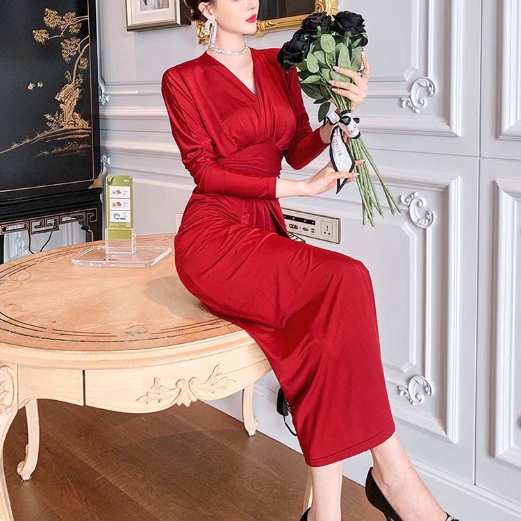 ワンピース レディース セクシー 長袖 スリット ロング ロングワンピース ミモレ丈 ドルマン袖 Vネック カシュクール Dazzle ダズル