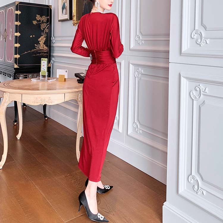 ワンピース レディース セクシー 長袖 スリット ロング ロングワンピース ミモレ丈 ドルマン袖 Vネック カシュクール Dazzle ダズル