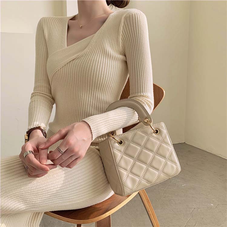 ワンピースレディース ニット セクシー タイト ニットワンピース ミモレ丈 アシンメトリー セミロング丈 Vネック 長袖 Dazzle ダズル