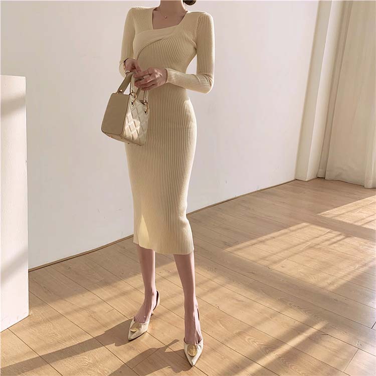 ワンピースレディース ニット セクシー タイト ニットワンピース ミモレ丈 アシンメトリー セミロング丈 Vネック 長袖 Dazzle ダズル