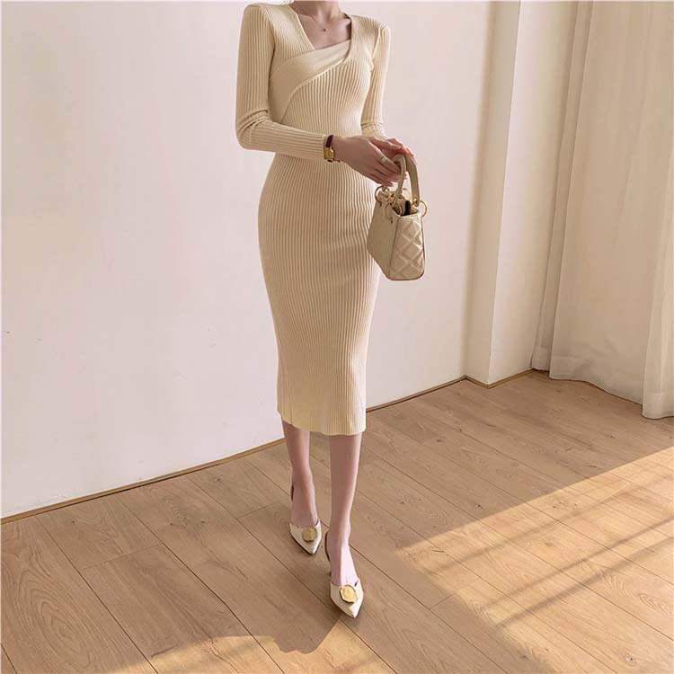 ワンピースレディース ニット セクシー タイト ニットワンピース ミモレ丈 アシンメトリー セミロング丈 Vネック 長袖 Dazzle ダズル