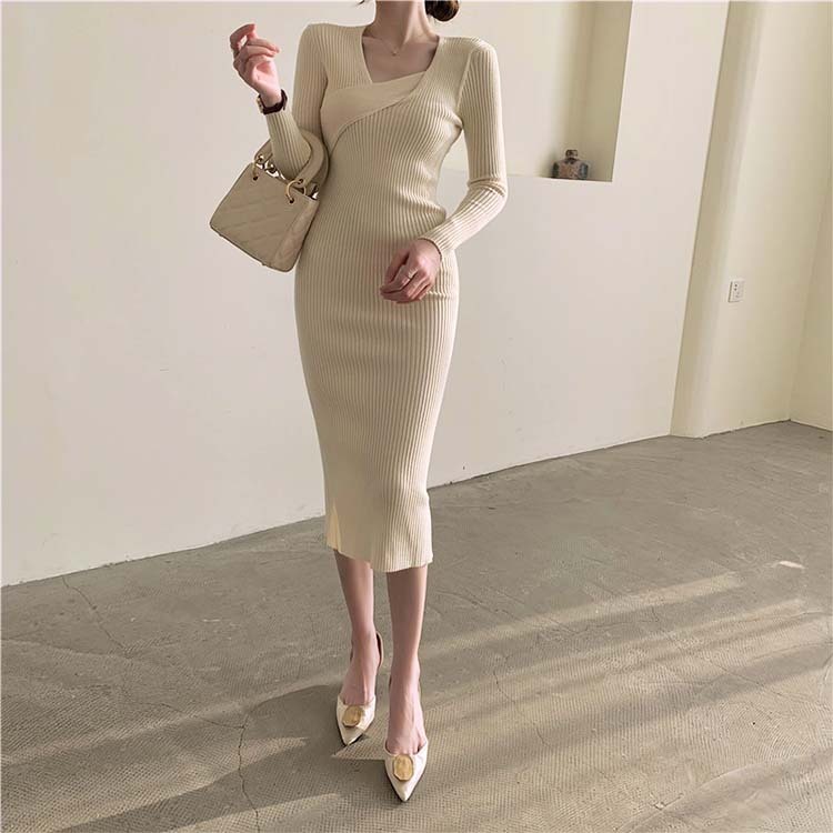 ワンピースレディース ニット セクシー タイト ニットワンピース ミモレ丈 アシンメトリー セミロング丈 Vネック 長袖 Dazzle ダズル