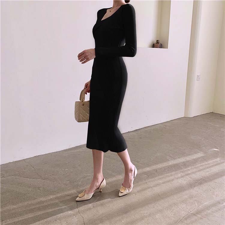 ワンピースレディース ニット セクシー タイト ニットワンピース ミモレ丈 アシンメトリー セミロング丈 Vネック 長袖 Dazzle ダズル