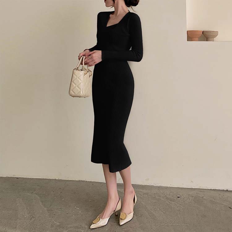 ワンピースレディース ニット セクシー タイト ニットワンピース ミモレ丈 アシンメトリー セミロング丈 Vネック 長袖 Dazzle ダズル