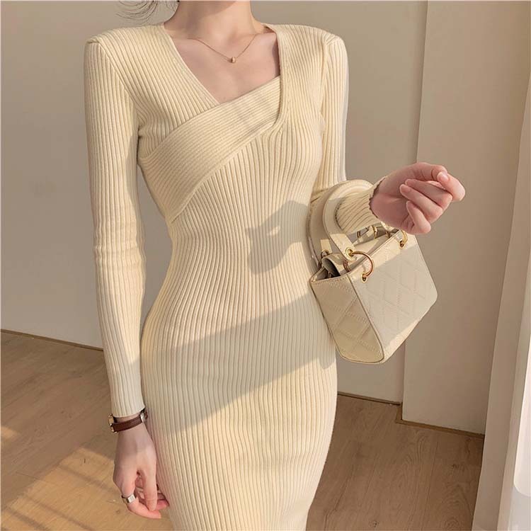 ワンピースレディース ニット セクシー タイト ニットワンピース ミモレ丈 アシンメトリー セミロング丈 Vネック 長袖 Dazzle ダズル