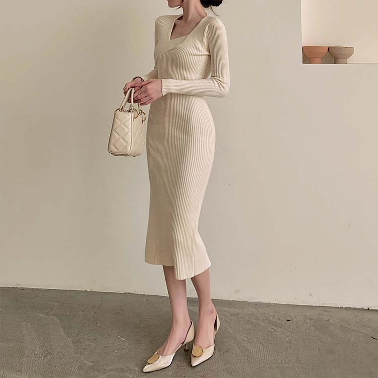 ワンピースレディース ニット セクシー タイト ニットワンピース ミモレ丈 アシンメトリー セミロング丈 Vネック 長袖 Dazzle ダズル