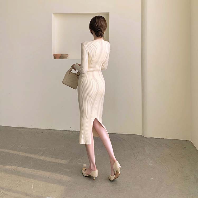 ワンピースレディース ニット セクシー タイト ニットワンピース ミモレ丈 アシンメトリー セミロング丈 Vネック 長袖 Dazzle ダズル