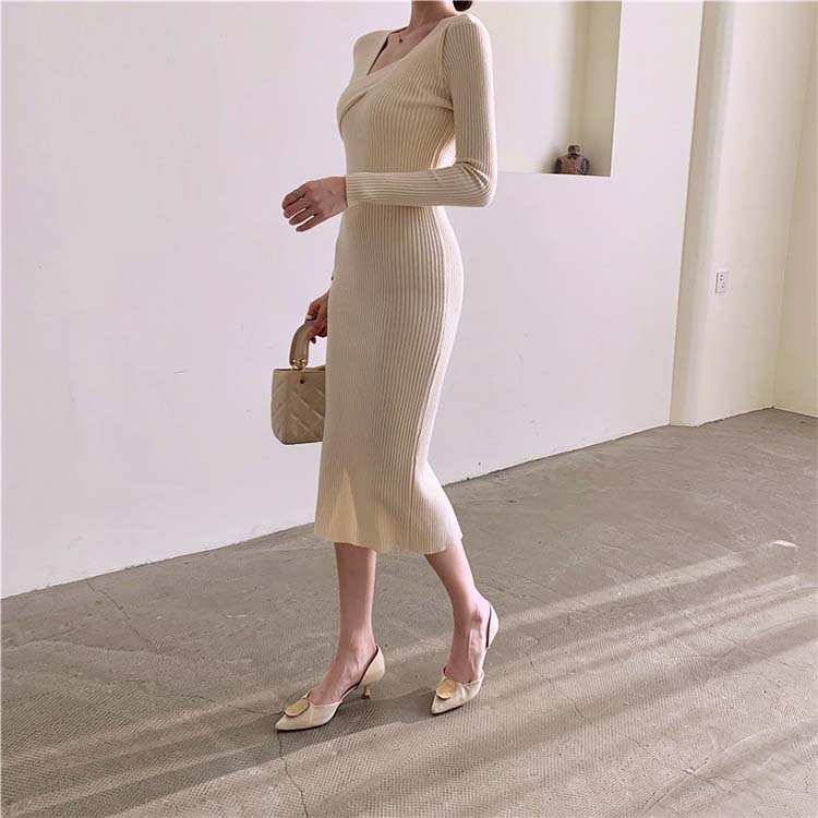 ワンピースレディース ニット セクシー タイト ニットワンピース ミモレ丈 アシンメトリー セミロング丈 Vネック 長袖 Dazzle ダズル