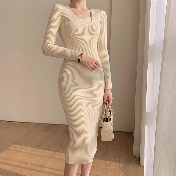 ワンピースレディース ニット セクシー タイト ニットワンピース ミモレ丈 アシンメトリー セミロング丈 Vネック 長袖 Dazzle ダズル