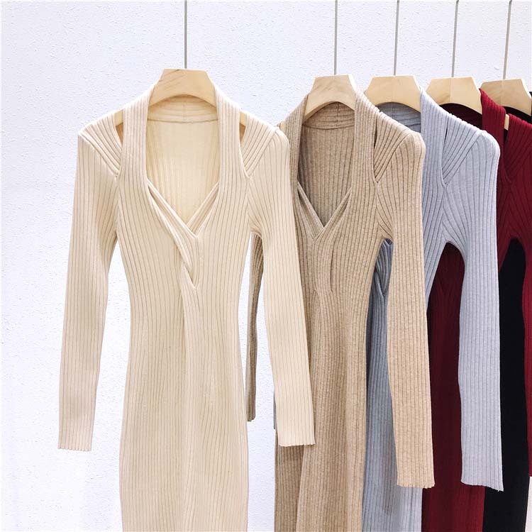 ワンピースレディース ニット ミモレ丈 ロングワンピース タイト フィット Vネック セクシー スリット 長袖 谷間見せ エレガント ジョイフィール joyfeel