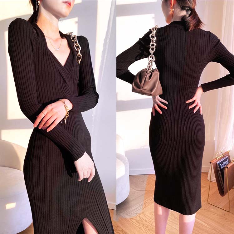 ワンピースレディース ニット ミモレ丈 ロングワンピース タイト フィット Vネック セクシー スリット 長袖 谷間見せ エレガント ジョイフィール joyfeel