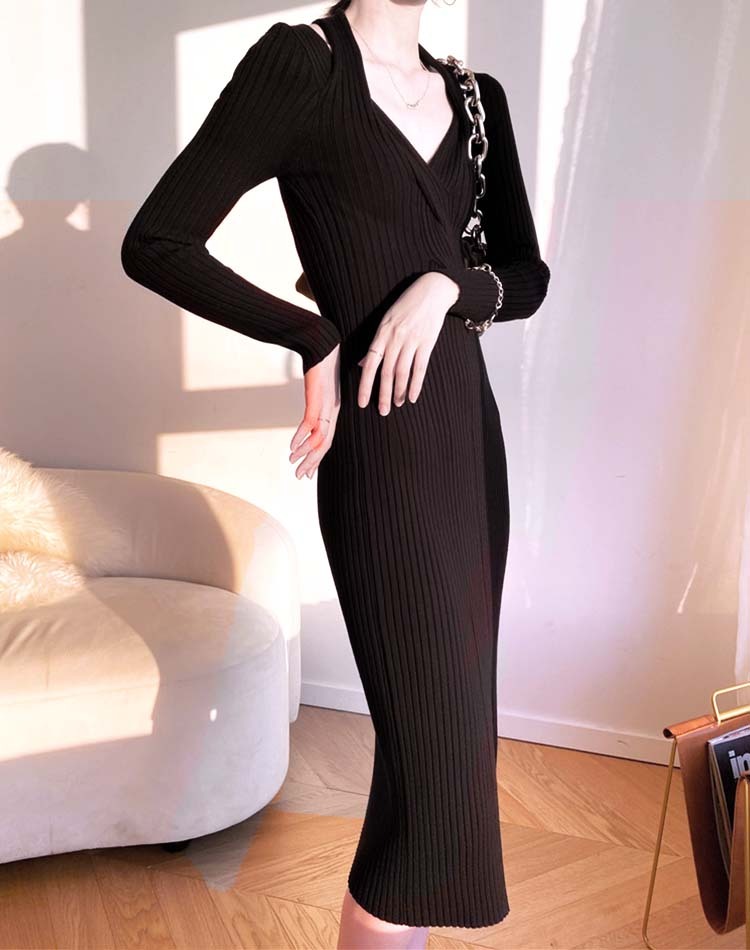 ワンピースレディース ニット ミモレ丈 ロングワンピース タイト フィット Vネック セクシー スリット 長袖 谷間見せ エレガント ジョイフィール joyfeel