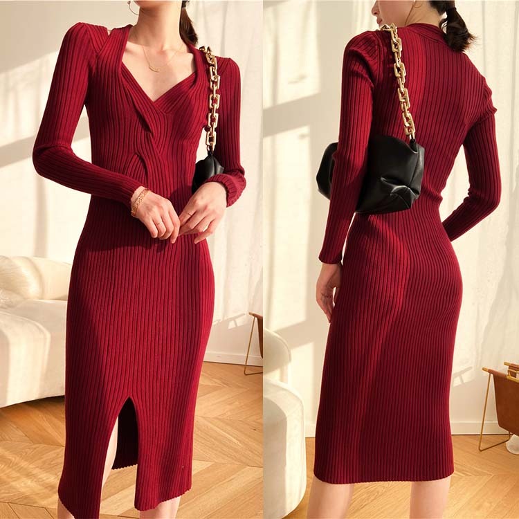 ワンピースレディース ニット ミモレ丈 ロングワンピース タイト フィット Vネック セクシー スリット 長袖 谷間見せ エレガント ジョイフィール joyfeel