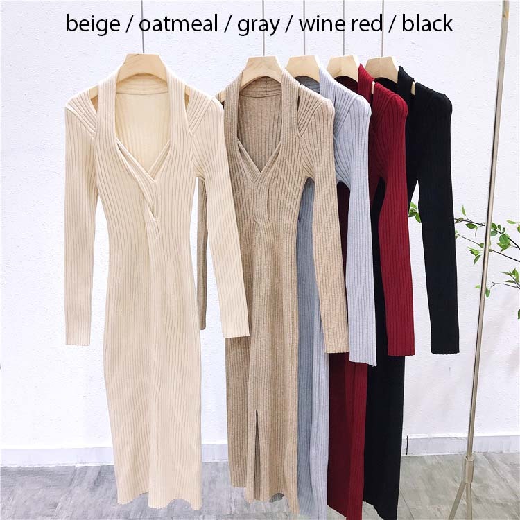 ワンピースレディース ニット ミモレ丈 ロングワンピース タイト フィット Vネック セクシー スリット 長袖 谷間見せ エレガント ジョイフィール joyfeel