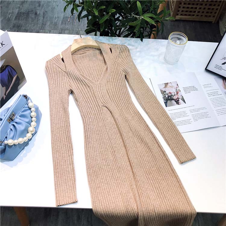 ワンピースレディース ニット ミモレ丈 ロングワンピース タイト フィット Vネック セクシー スリット 長袖 谷間見せ エレガント ジョイフィール joyfeel