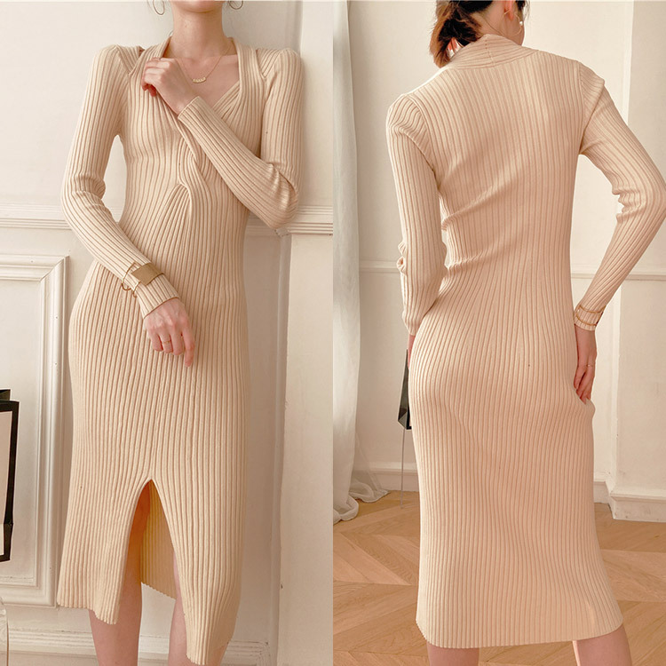 ワンピースレディース ニット ミモレ丈 ロングワンピース タイト フィット Vネック セクシー スリット 長袖 谷間見せ エレガント ジョイフィール joyfeel