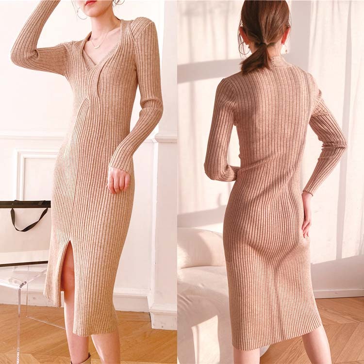 ワンピースレディース ニット ミモレ丈 ロングワンピース タイト フィット Vネック セクシー スリット 長袖 谷間見せ エレガント ジョイフィール joyfeel