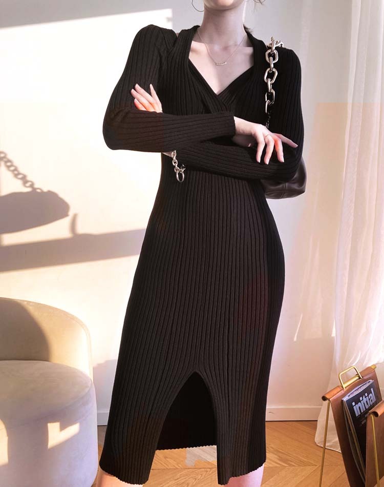 ワンピースレディース ニット ミモレ丈 ロングワンピース タイト フィット Vネック セクシー スリット 長袖 谷間見せ エレガント ジョイフィール joyfeel