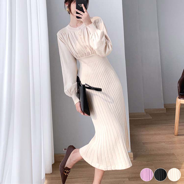 ニットワンピースワンピース レディース ニット プリーツ 切り替え フレア ミモレ丈 ロングワンピース ボタン バルーンスリーブ 長袖 エレガント ジョイフィール joyfeel