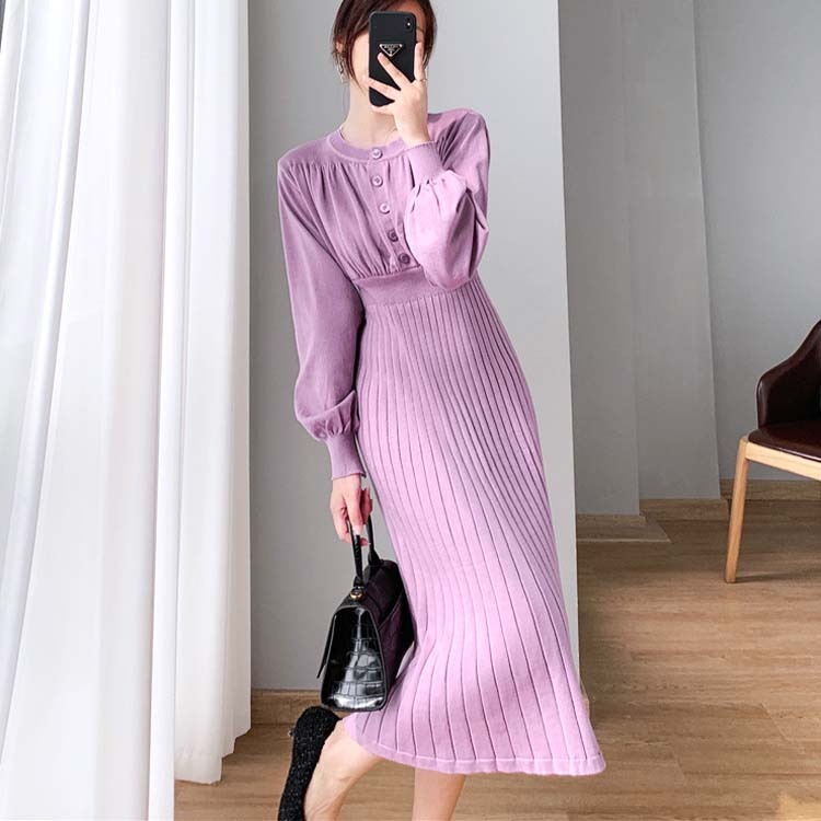 ニットワンピースワンピース レディース ニット プリーツ 切り替え フレア ミモレ丈 ロングワンピース ボタン バルーンスリーブ 長袖 エレガント ジョイフィール joyfeel