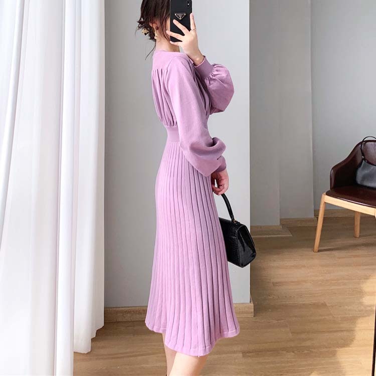 ニットワンピースワンピース レディース ニット プリーツ 切り替え フレア ミモレ丈 ロングワンピース ボタン バルーンスリーブ 長袖 エレガント ジョイフィール joyfeel