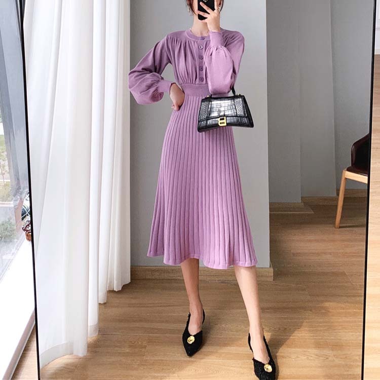 ニットワンピースワンピース レディース ニット プリーツ 切り替え フレア ミモレ丈 ロングワンピース ボタン バルーンスリーブ 長袖 エレガント ジョイフィール joyfeel