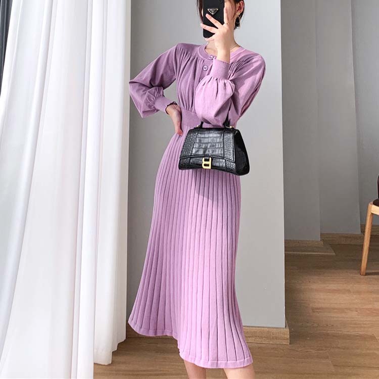 ニットワンピースワンピース レディース ニット プリーツ 切り替え フレア ミモレ丈 ロングワンピース ボタン バルーンスリーブ 長袖 エレガント ジョイフィール joyfeel