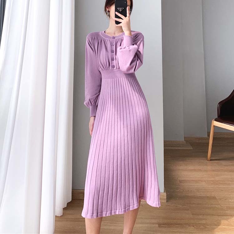 ニットワンピースワンピース レディース ニット プリーツ 切り替え フレア ミモレ丈 ロングワンピース ボタン バルーンスリーブ 長袖 エレガント ジョイフィール joyfeel