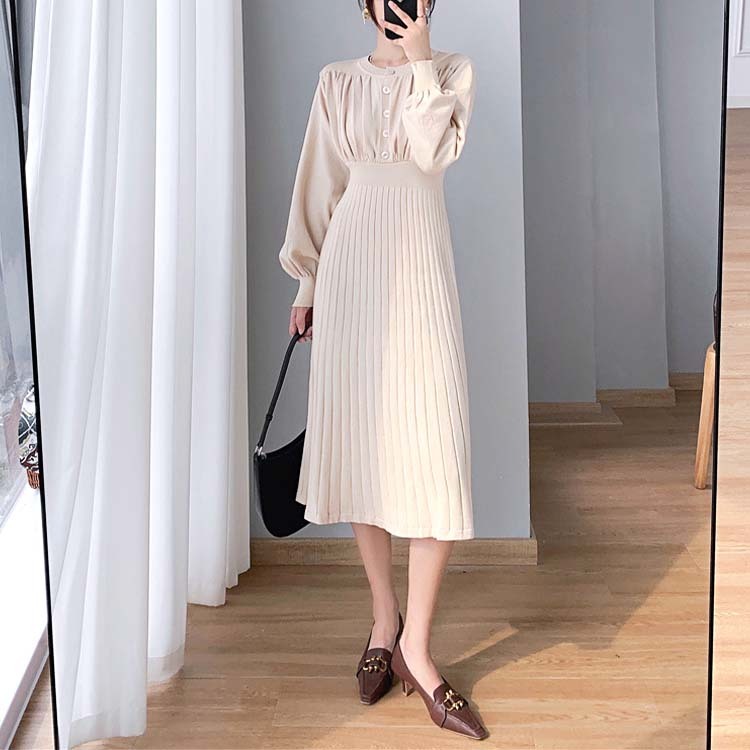 ニットワンピースワンピース レディース ニット プリーツ 切り替え フレア ミモレ丈 ロングワンピース ボタン バルーンスリーブ 長袖 エレガント ジョイフィール joyfeel