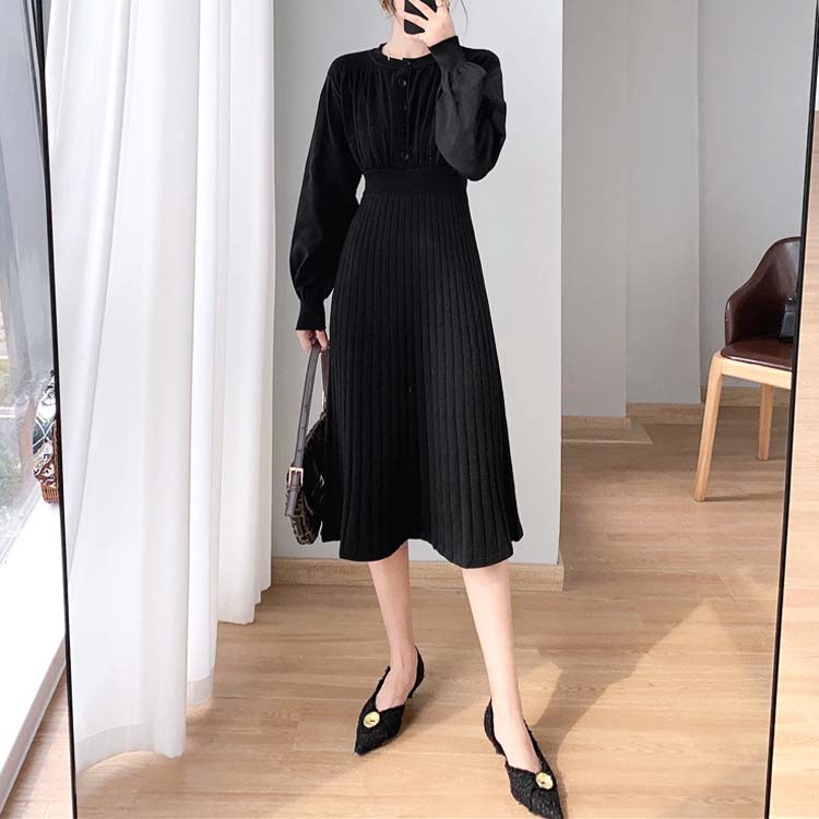 ニットワンピースワンピース レディース ニット プリーツ 切り替え フレア ミモレ丈 ロングワンピース ボタン バルーンスリーブ 長袖 エレガント ジョイフィール joyfeel