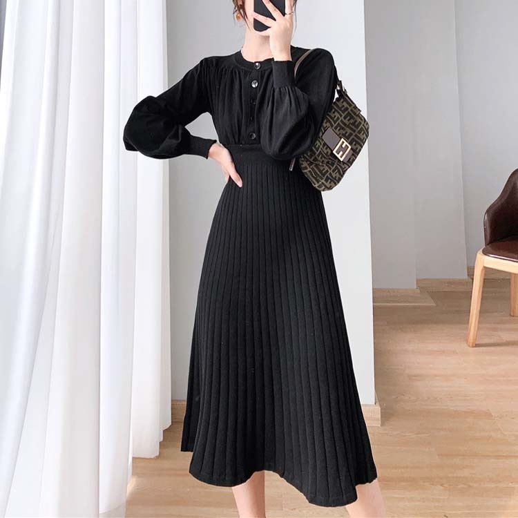 ニットワンピースワンピース レディース ニット プリーツ 切り替え フレア ミモレ丈 ロングワンピース ボタン バルーンスリーブ 長袖 エレガント ジョイフィール joyfeel
