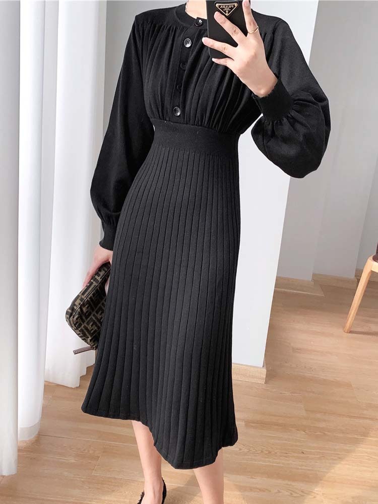 ニットワンピースワンピース レディース ニット プリーツ 切り替え フレア ミモレ丈 ロングワンピース ボタン バルーンスリーブ 長袖 エレガント ジョイフィール joyfeel