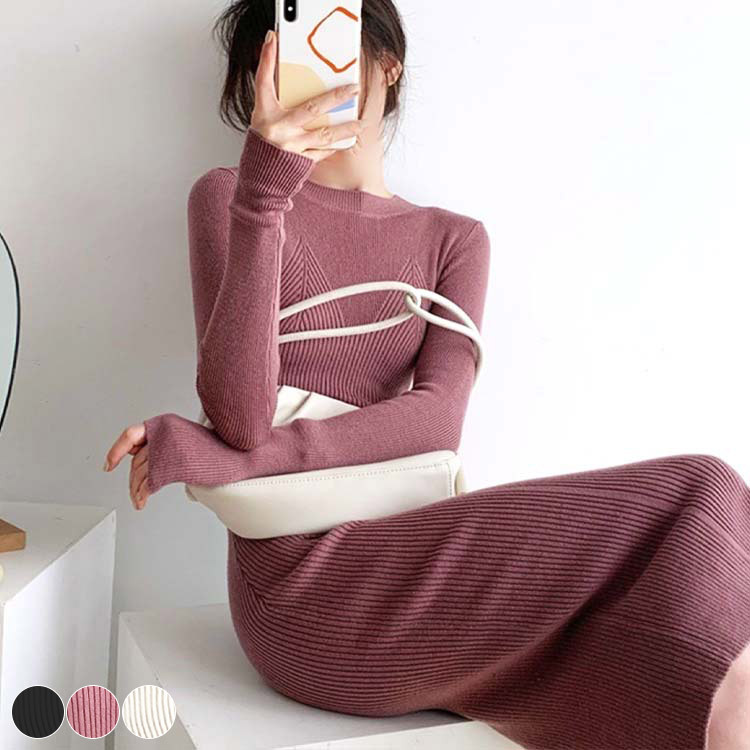 ニットワンピースレディース ワンピース ニット タイト セクシー セミロング丈 フィット リブ編み リブニット きれいめ 切り替え ミモレ丈 エレガント Dazzle ダズル