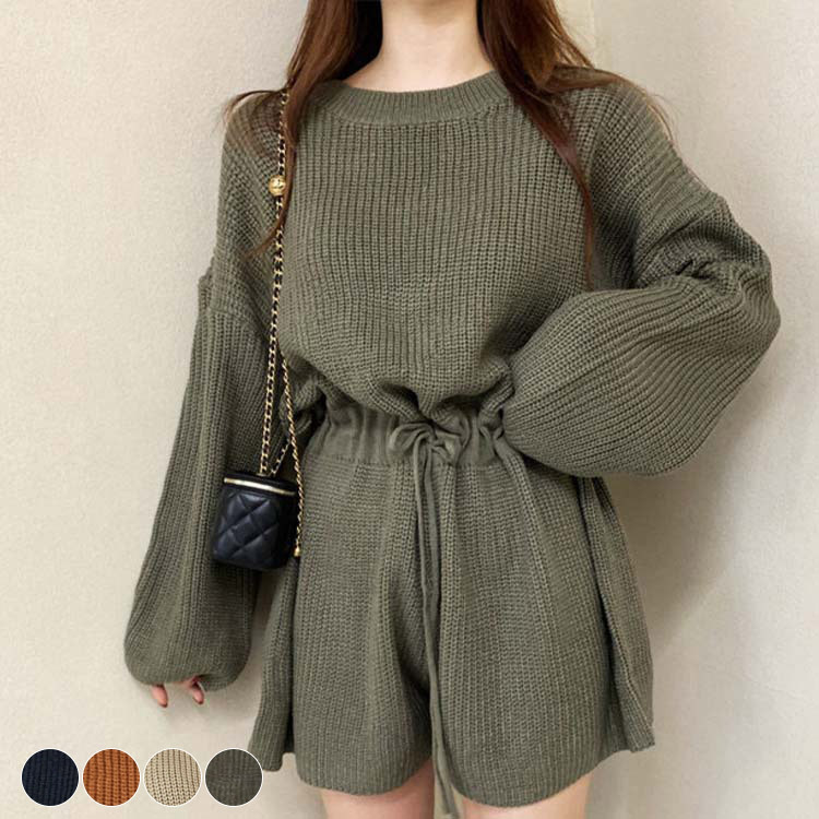 サロペット レディース オールインワン ショート丈 ニット ニットオールインワン ショートパンツ 長袖 おしゃれ かわいい ジョイフィール joyfeel