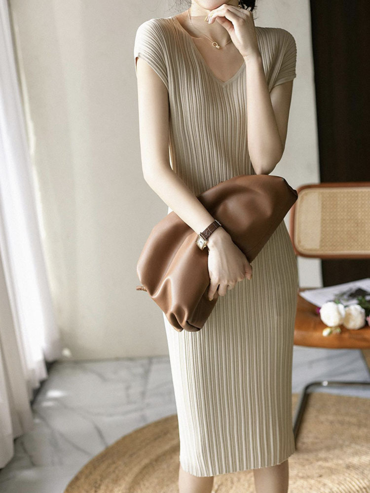 ワンピース レディース タイト リブニット 半袖 エレガント Vネック フレンチスリーブ 膝丈 ミモレ丈 セクシー おしゃれ フィット 韓国 ジョイフィール joyfeel
