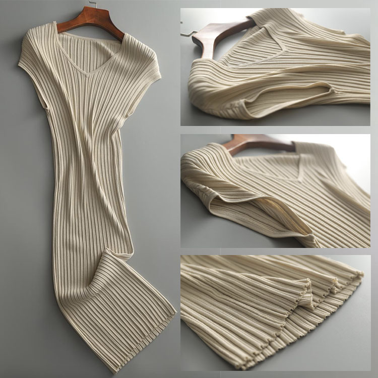 ワンピース レディース タイト リブニット 半袖 エレガント Vネック フレンチスリーブ 膝丈 ミモレ丈 セクシー おしゃれ フィット 韓国 ジョイフィール joyfeel