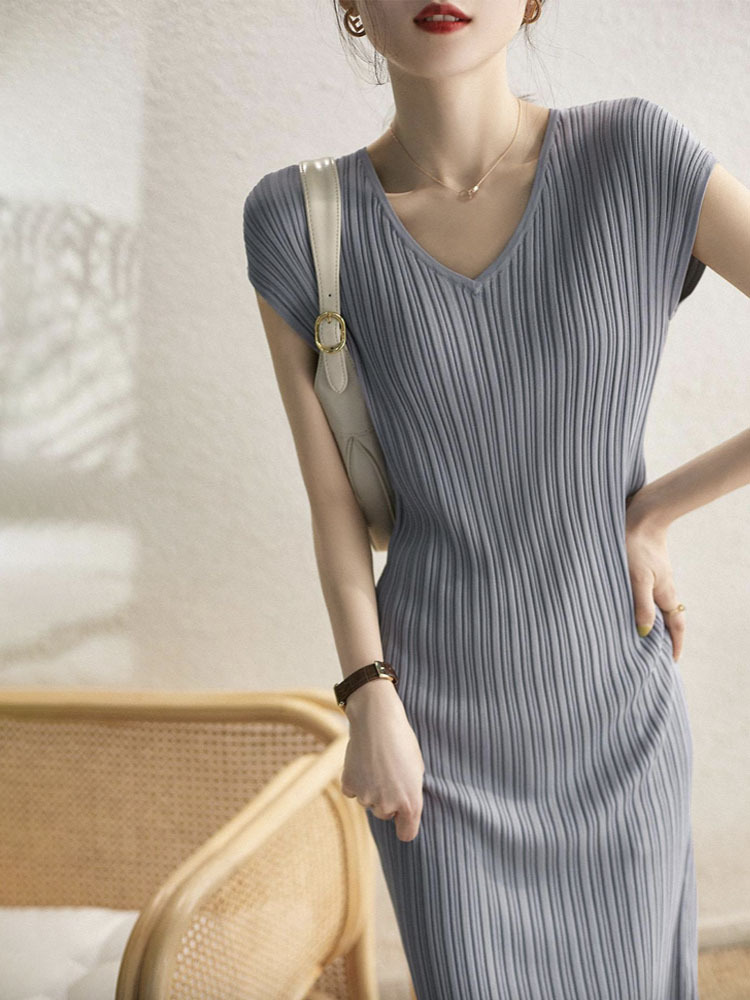 ワンピース レディース タイト リブニット 半袖 エレガント Vネック フレンチスリーブ 膝丈 ミモレ丈 セクシー おしゃれ フィット 韓国 ジョイフィール joyfeel