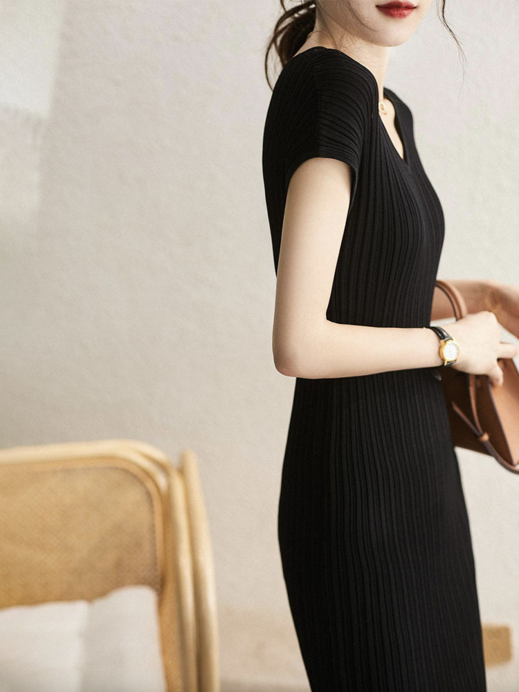 ワンピース レディース タイト リブニット 半袖 エレガント Vネック フレンチスリーブ 膝丈 ミモレ丈 セクシー おしゃれ フィット 韓国 ジョイフィール joyfeel