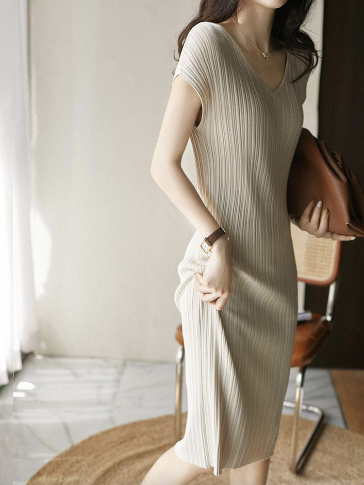 ワンピース レディース タイト リブニット 半袖 エレガント Vネック フレンチスリーブ 膝丈 ミモレ丈 セクシー おしゃれ フィット 韓国 ジョイフィール joyfeel