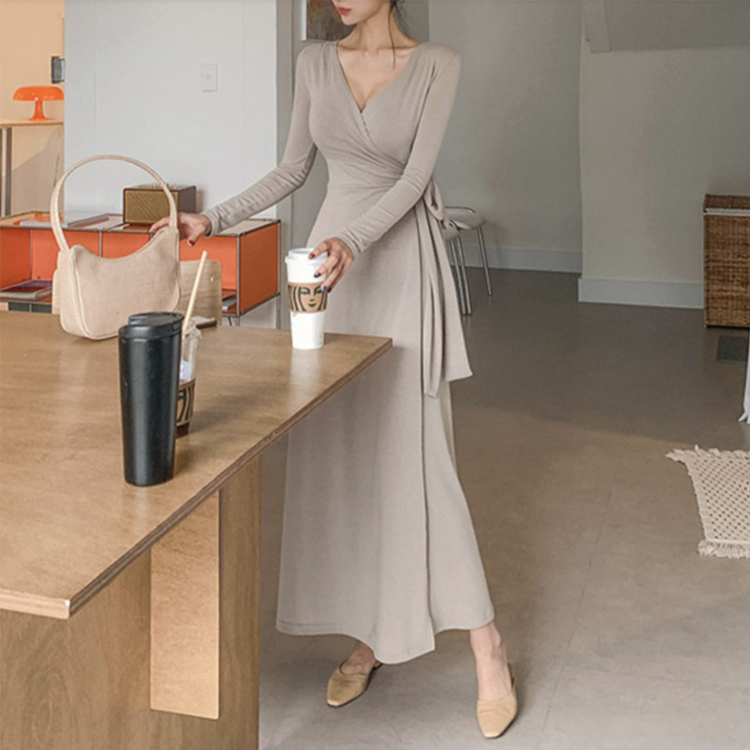 ワンピース レディース ロングワンピース 長袖 ラップワンピース ウエストリボン 無地 ウエストマーク Vネック カシュクール セクシー おしゃれ エレガント ジョイフィール joyfeel