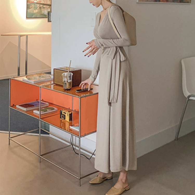 ワンピース レディース ロングワンピース 長袖 ラップワンピース ウエストリボン 無地 ウエストマーク Vネック カシュクール セクシー おしゃれ エレガント ジョイフィール joyfeel