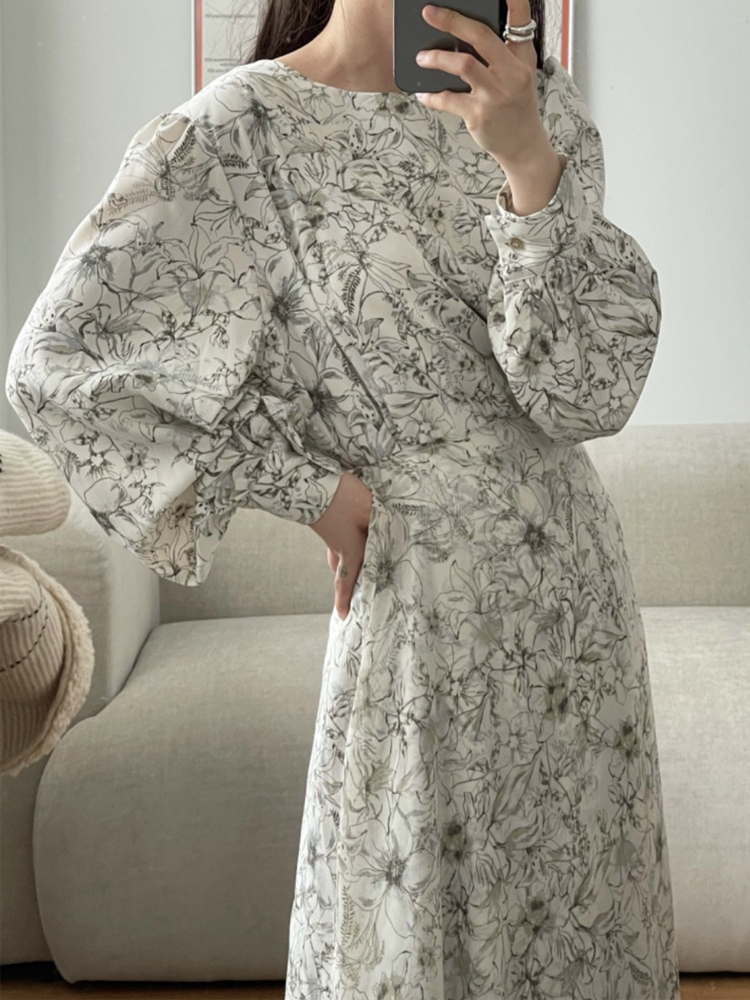 ぽわん袖 ワントーン 花柄 ロングワンピース レディースファッション ワンピース ワンピース Dazzle