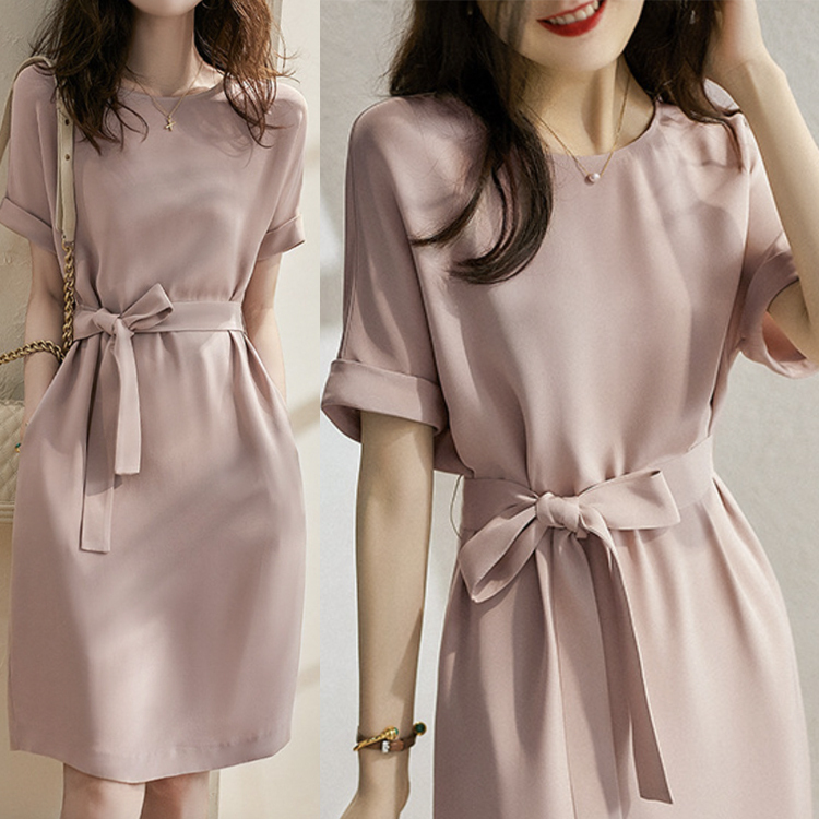 ワンピース レディース 半袖 上品 エレガント ドレス てろんと感 無地 シルク調 ウエストマーク 膝丈 リボン Aライン フォーマル パーティー 結婚式 ジョイフィール joyfeel