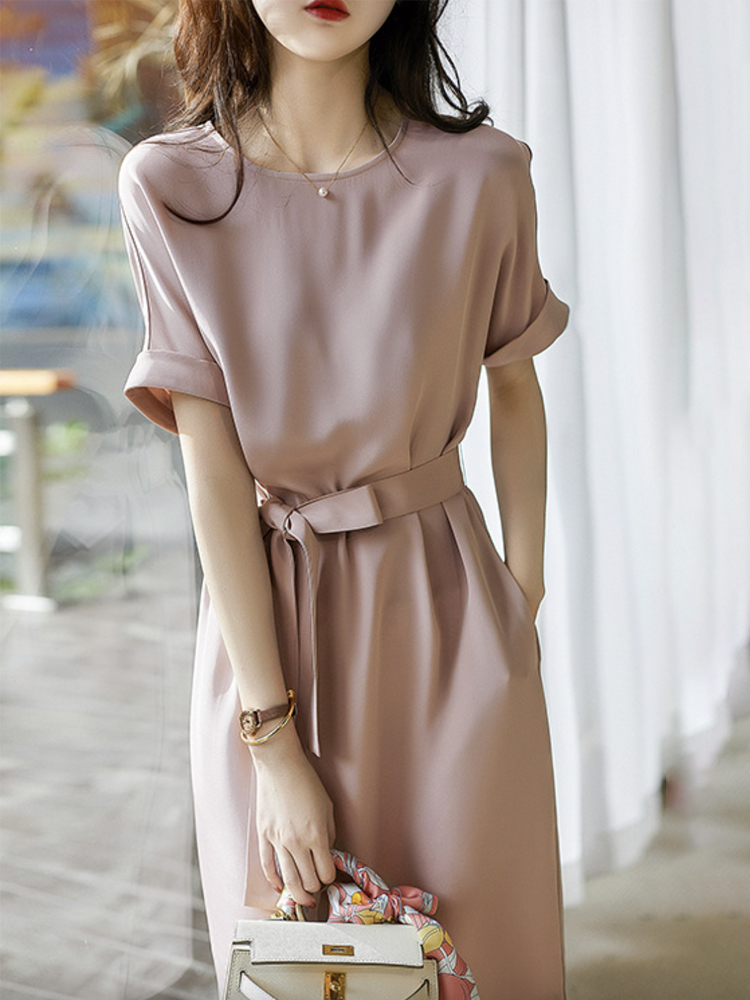 ワンピース レディース 半袖 上品 エレガント ドレス てろんと感 無地 シルク調 ウエストマーク 膝丈 リボン Aライン フォーマル パーティー 結婚式 ジョイフィール joyfeel